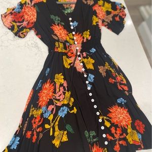 Black floral tie waist SS dress